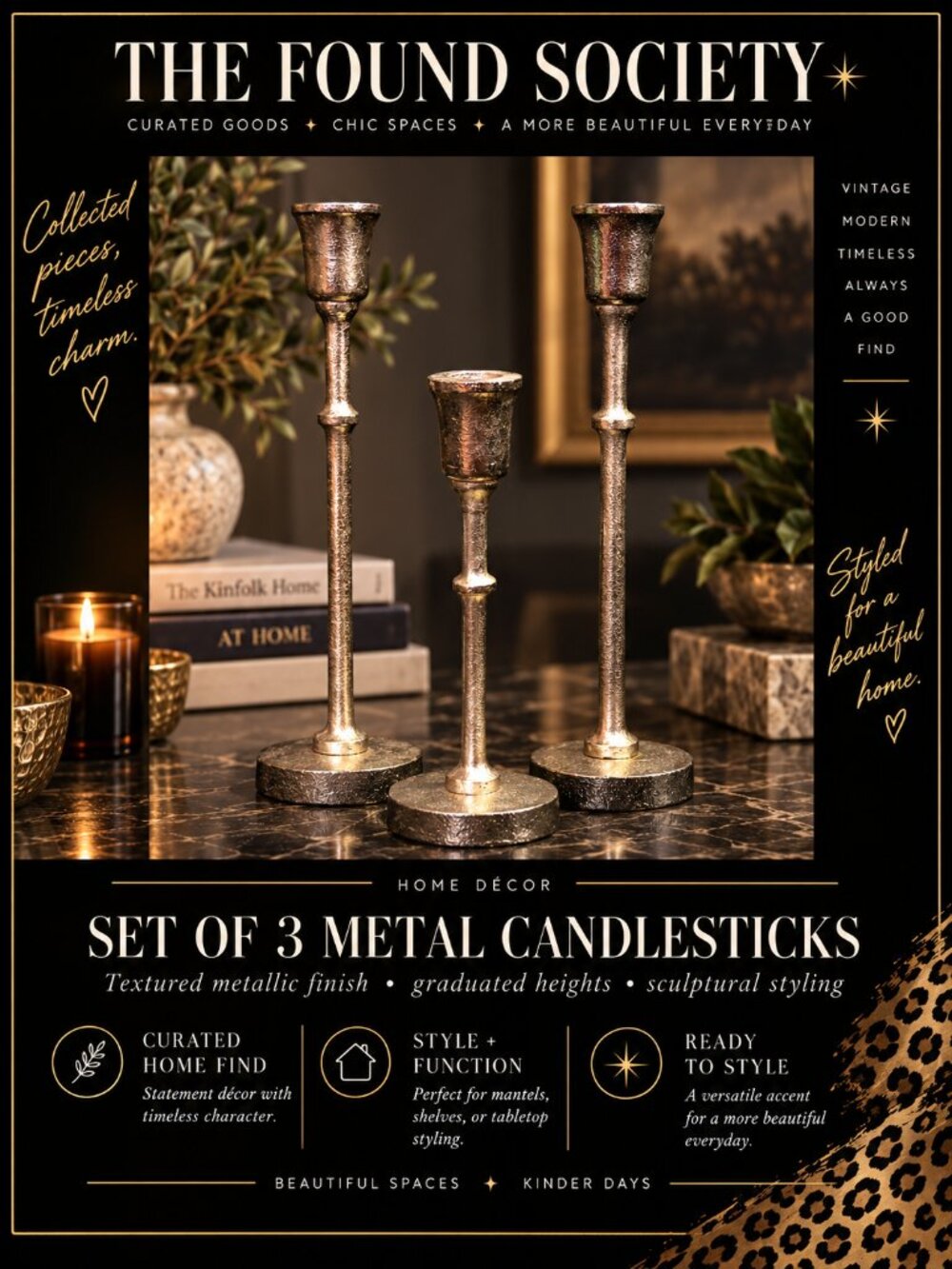 Set of 3 Antiqued Silver Metal Candlesticks Textured Taper Candle Holders